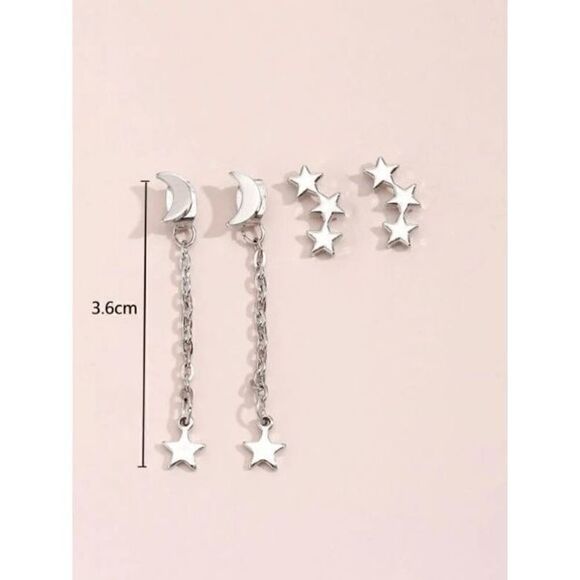 SILVER MOON AND STAR CHAIN DANGLE EARRINGS - 4 PIECE SET - Picture 4 of 5